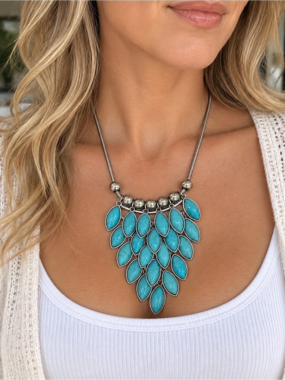 Turquoise Teardrop Statement Necklace - Silver Tone